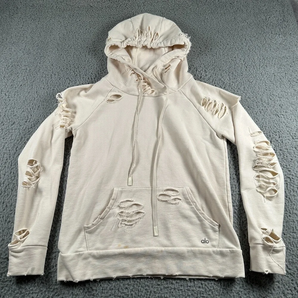 ALO Hoodie Distressed Shredded Beige Womens XS Sweatshirt Ripped‎ Style Flaw